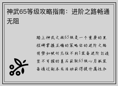 神武65等级攻略指南：进阶之路畅通无阻