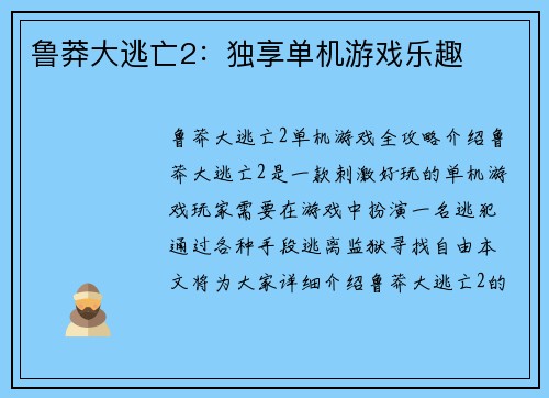 鲁莽大逃亡2：独享单机游戏乐趣